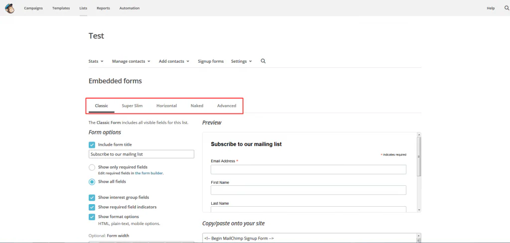 Mailchimp sign up form