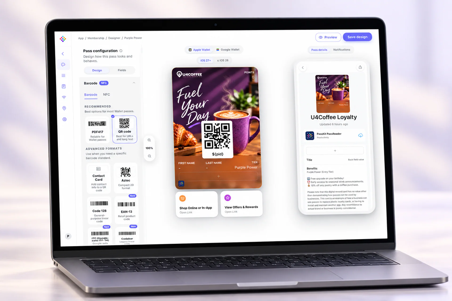 MacBook mockup showing PassKit Pass Designer and an iOS 27 Poster Generic Apple Wallet pass