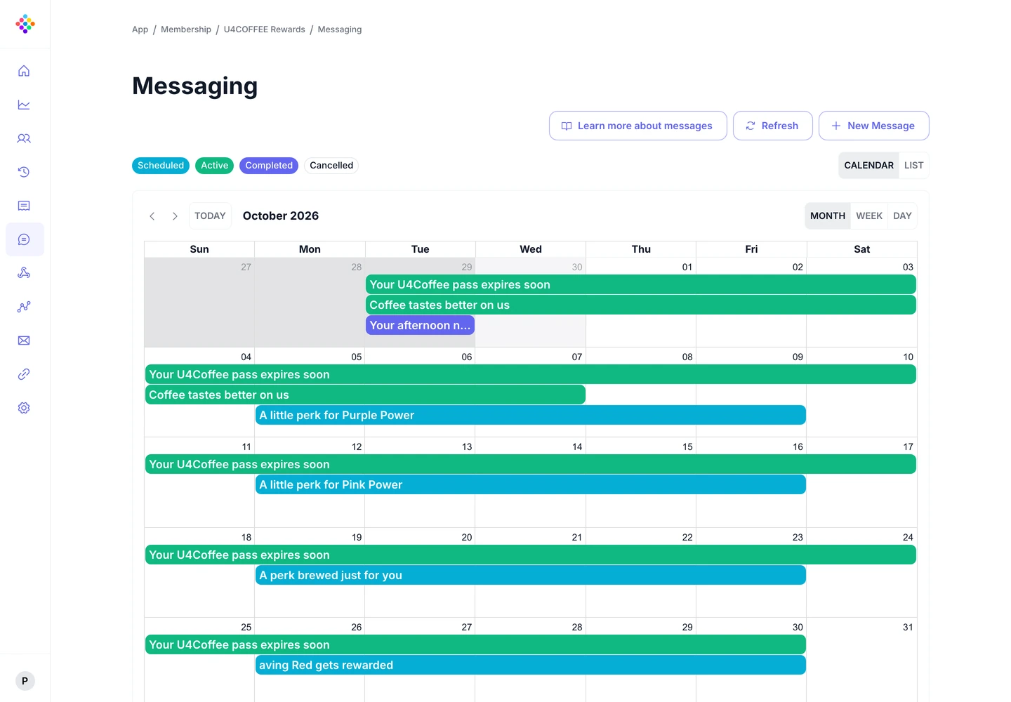 PassKit Messaging calendar showing scheduled messages for wallet pass holders