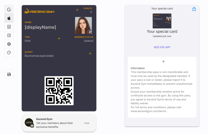 Membership check-in card design interface