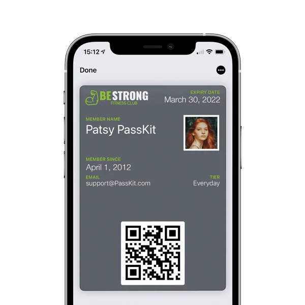 BE STRONG Fitness Club digital membership card with a QR code