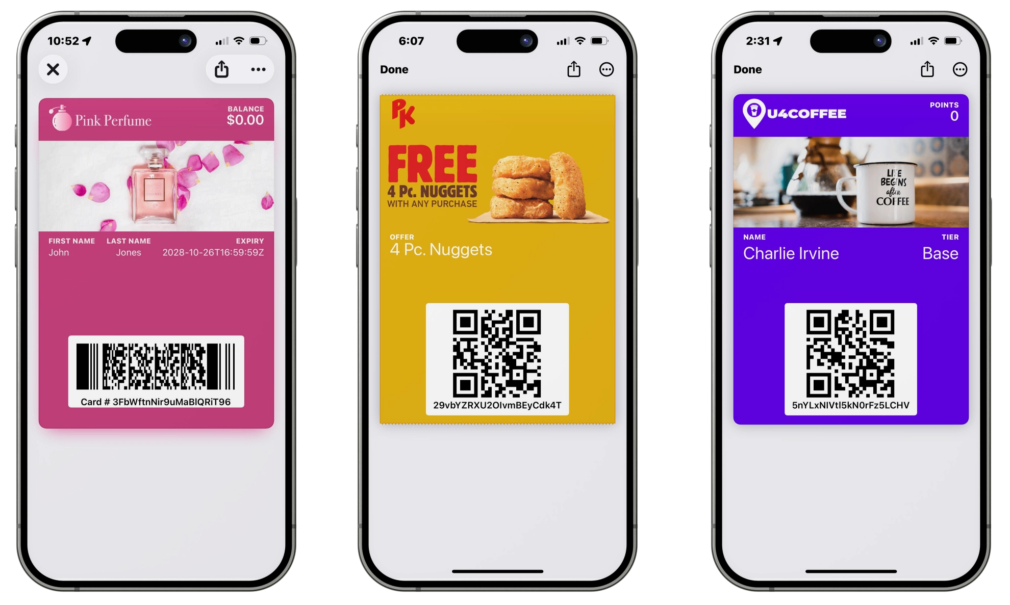 Mobile wallet pass examples for gift cards, coupons and loyalty points