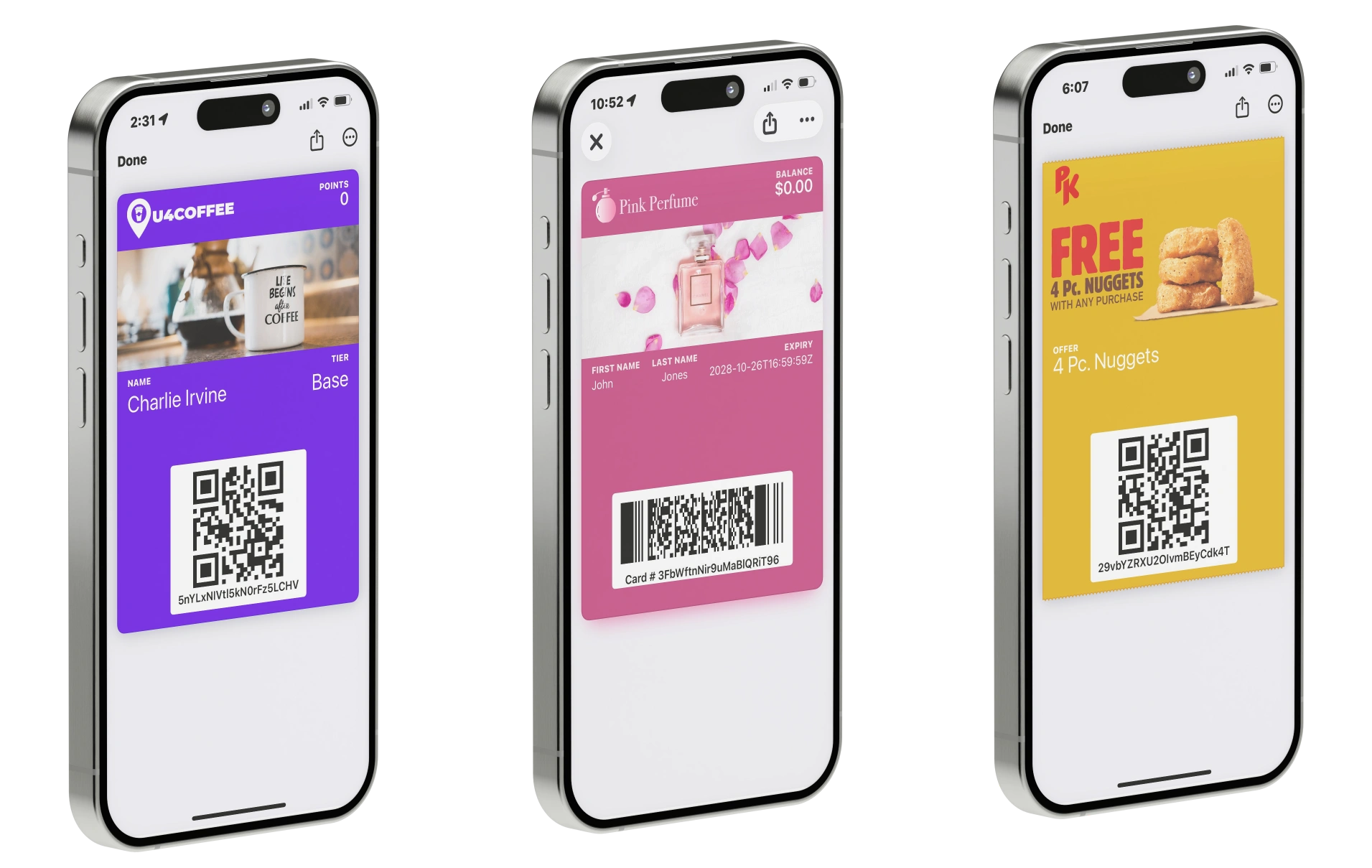 Three mobile wallet passes for loyalty, membership and offer programmes