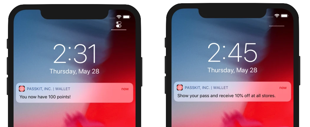 Two iPhone lock screens showing wallet notifications for points and an offer
