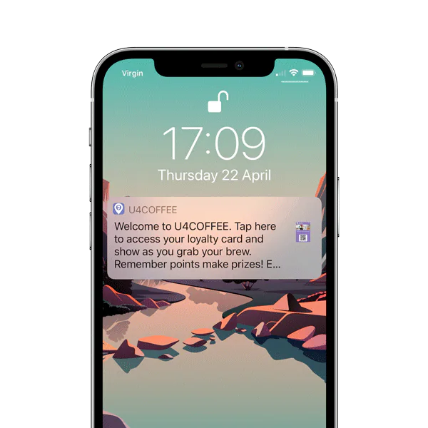U4COFFEE loyalty notification shown on an iPhone lock screen