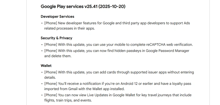 Google Play services October 2025 wallet update notes