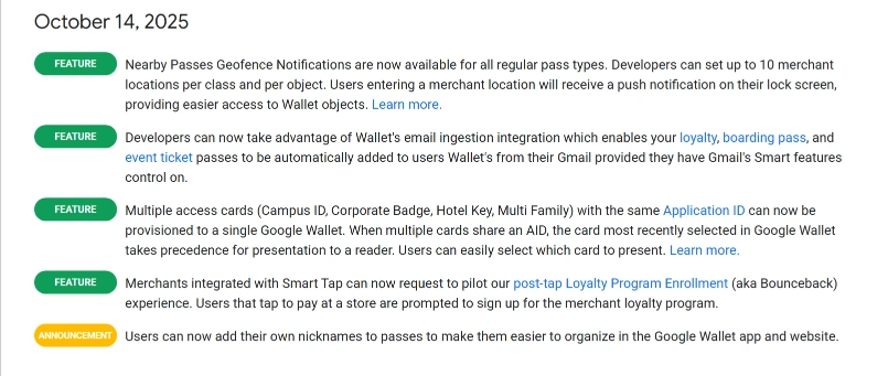 Google Wallet October 2025 release notes