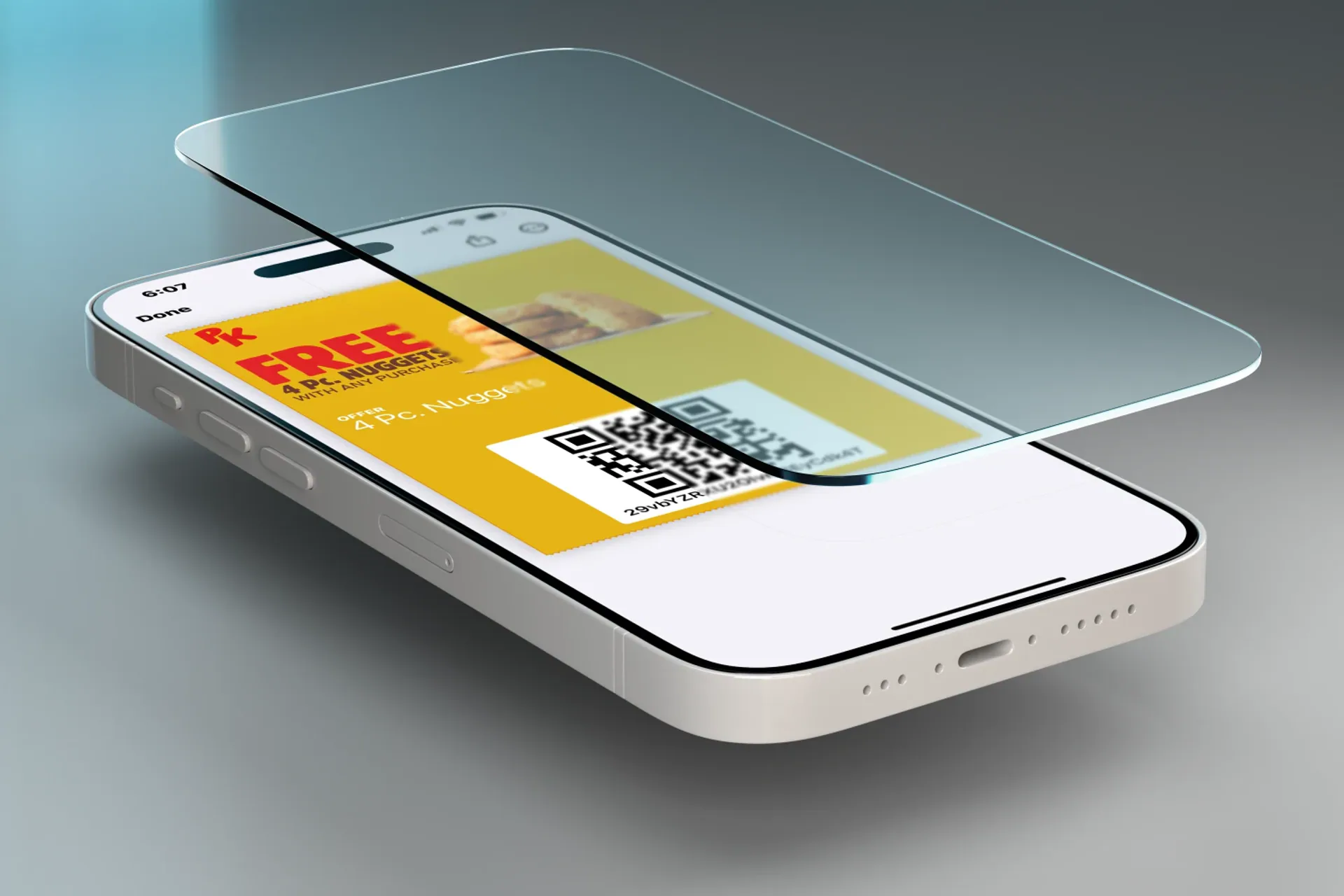 Mobile wallet pass on a phone beneath a glass panel representing multi-location integration