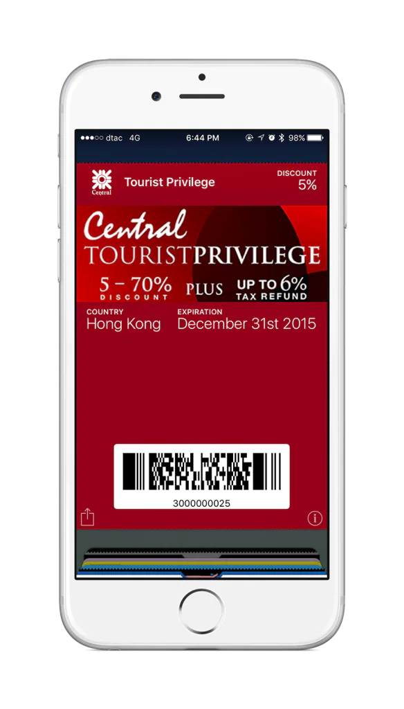 Central Tourist Privilege discount pass displayed in Apple Wallet