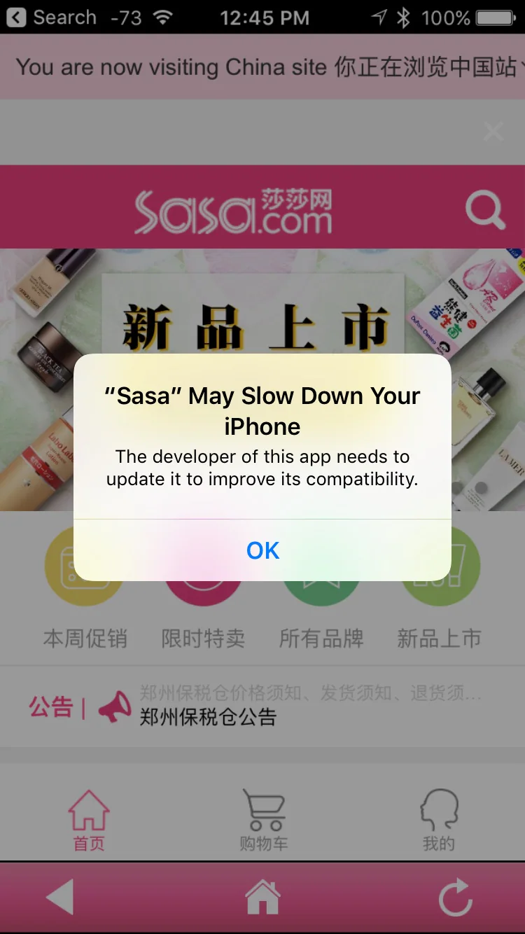 iPhone alert warning that the Sasa app may slow down the device