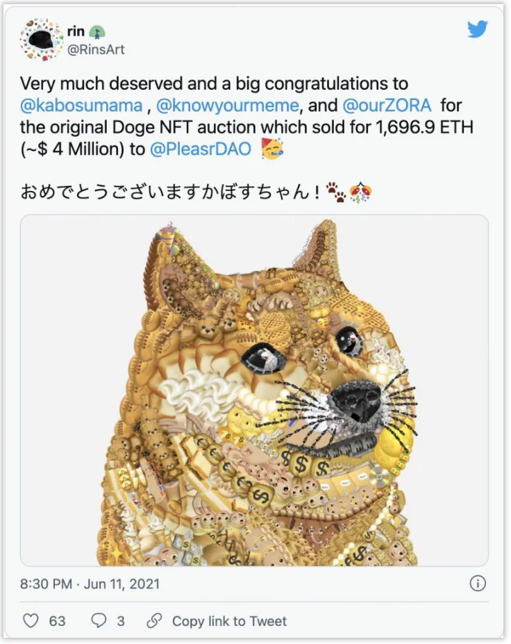 Tweet announcing the Doge NFT sale