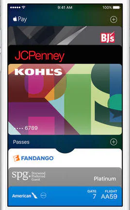 Apple Wallet displaying payment cards, loyalty passes and a boarding pass
