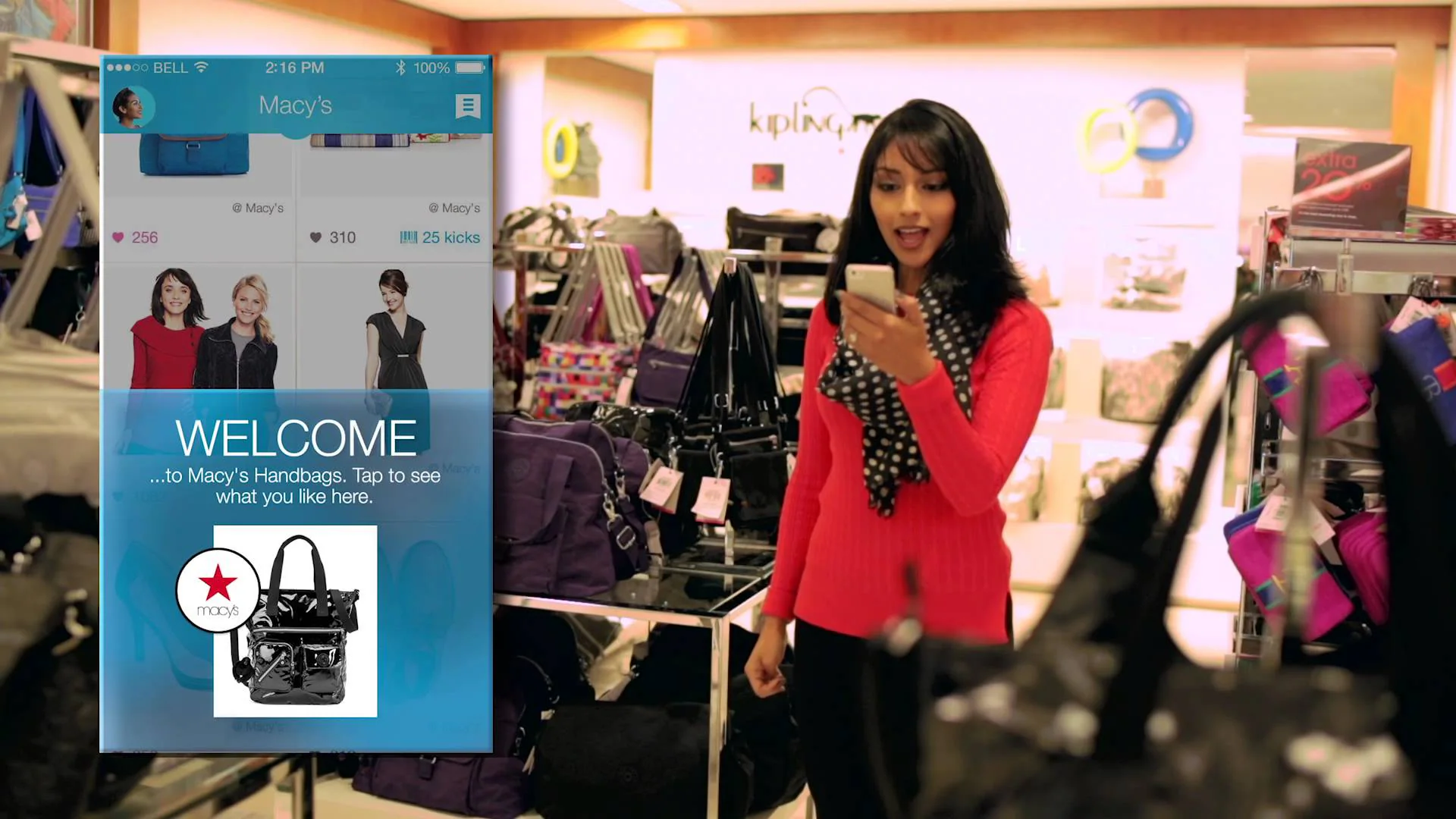 Shopper in a Macy's handbag department beside a mobile welcome offer