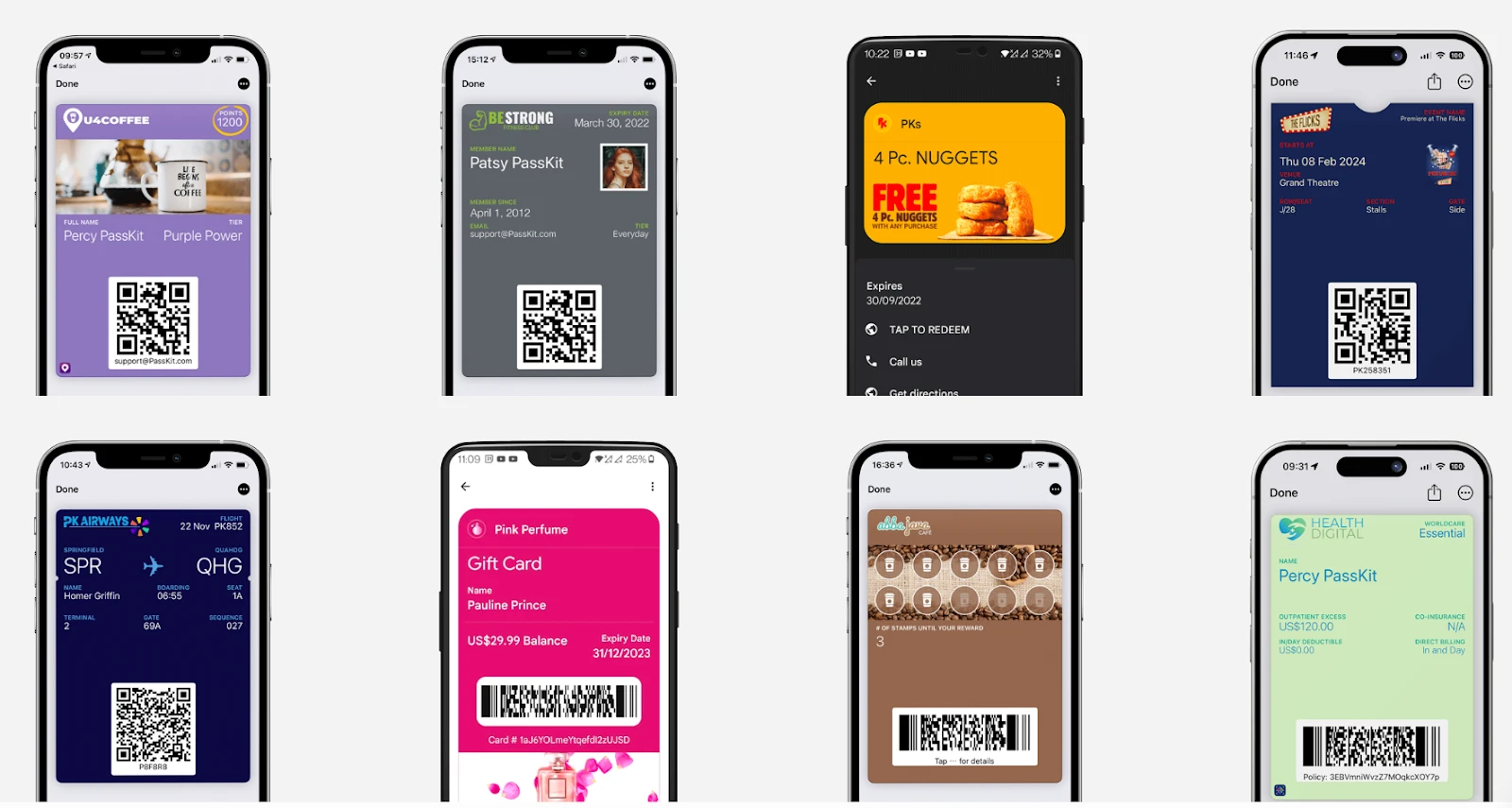 Examples of loyalty, membership, coupon, ticket, flight, gift card and insurance wallet passes
