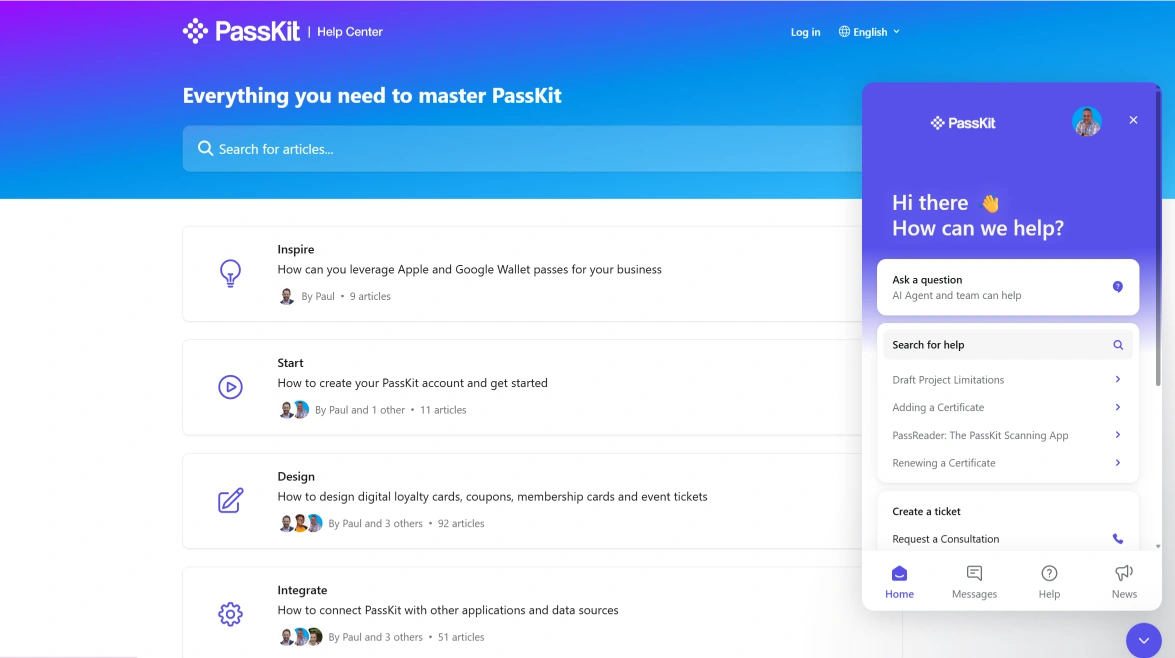 PassKit help center page with support chat interface