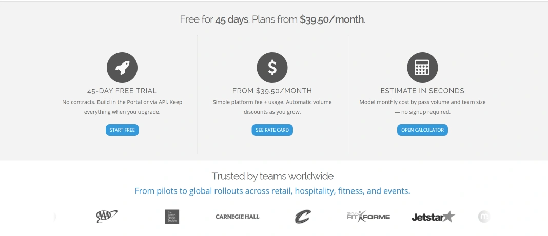 PassKit pricing page showing a 45-day free trial and monthly plans