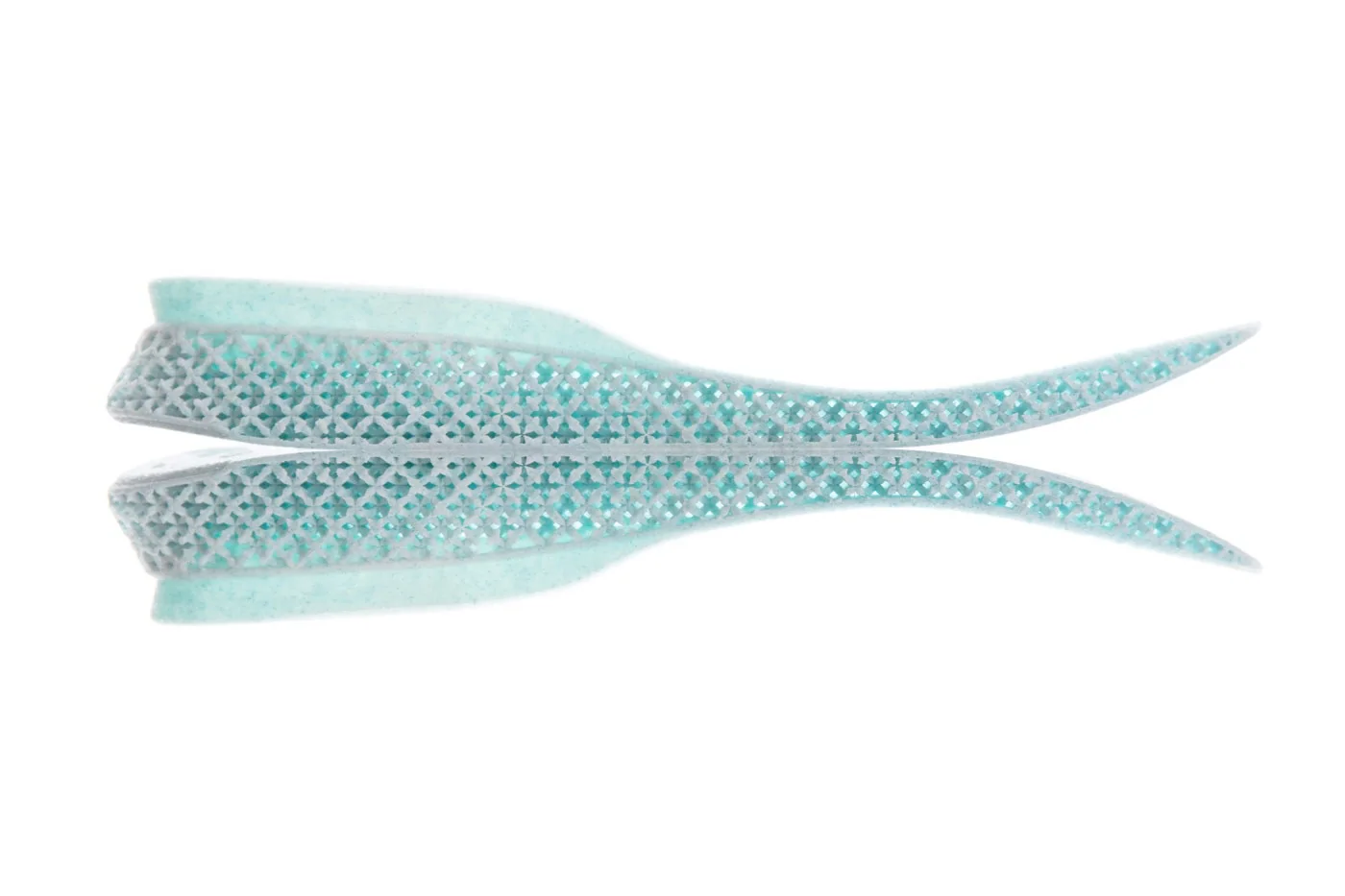 Two turquoise lattice components for a 3D-printed shoe sole