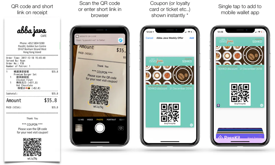Using a QR code on a receipt is a great way to distribute offers and get your brand in your customers mobile wallet