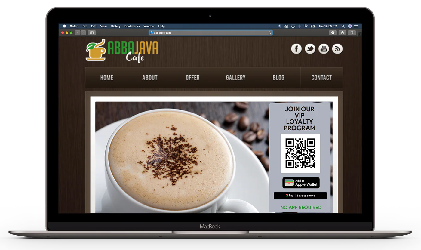 This is an example of promoting a loyalty card on a website homepage. When a user clicks the Add to Apple Wallet button, they are taken to a landing page that allows them to either scan a QR code if on a desktop or add straight to their mobile wallet if they're on a phone.