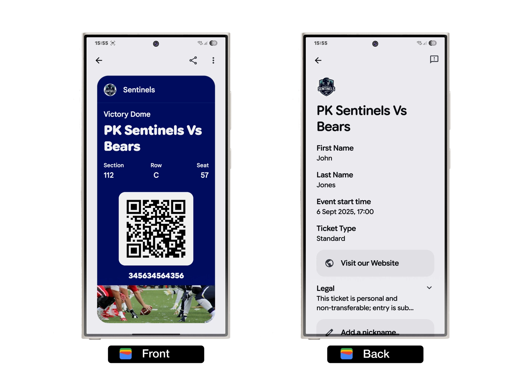 Google Wallet NFL QR Code Ticket (Front & Back)
