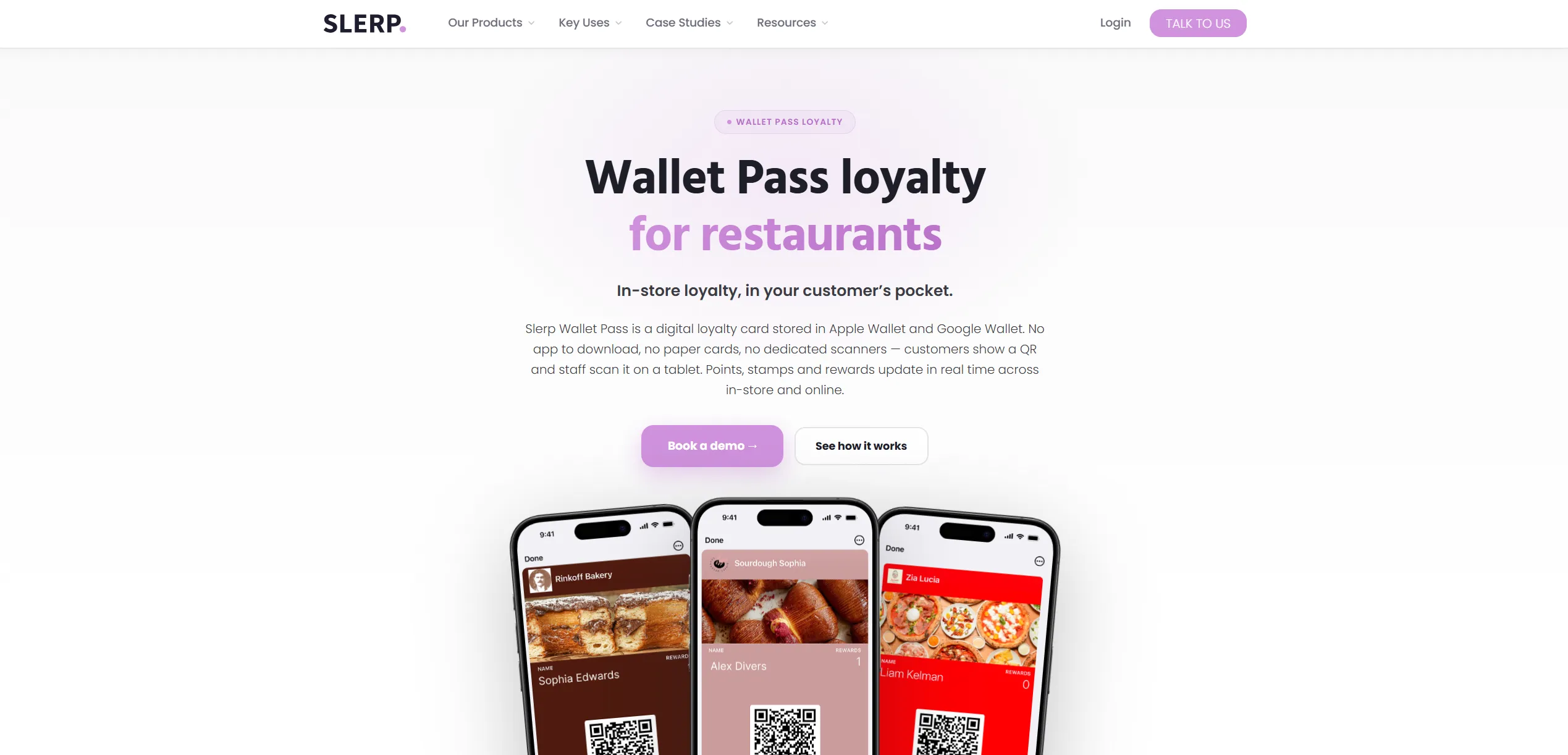 Slerp restaurant wallet loyalty passes displayed on three phones