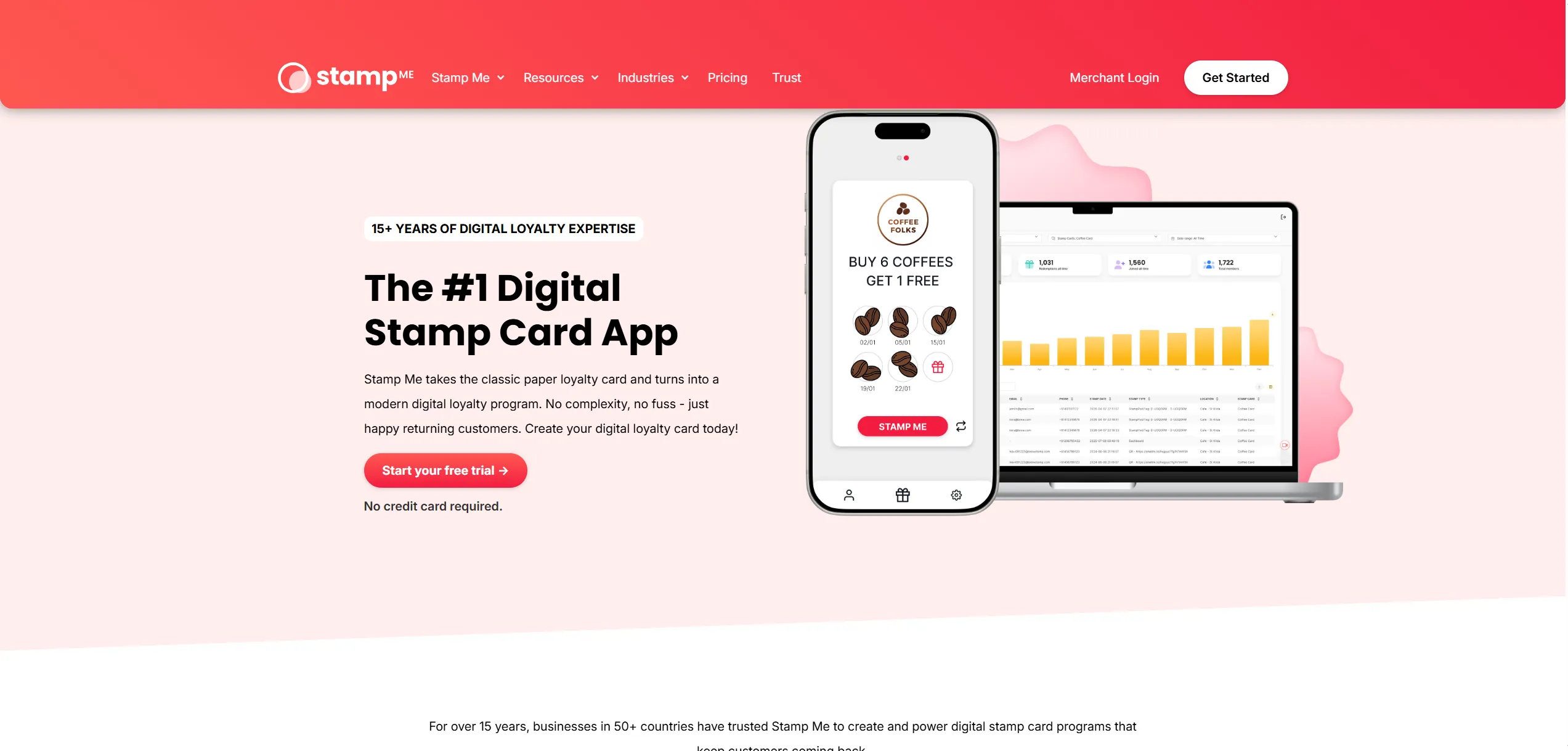 Stamp Me coffee loyalty card on a phone beside a programme analytics dashboard