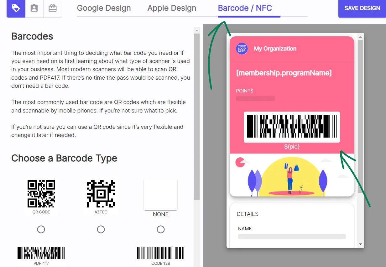 PassKit barcode design options