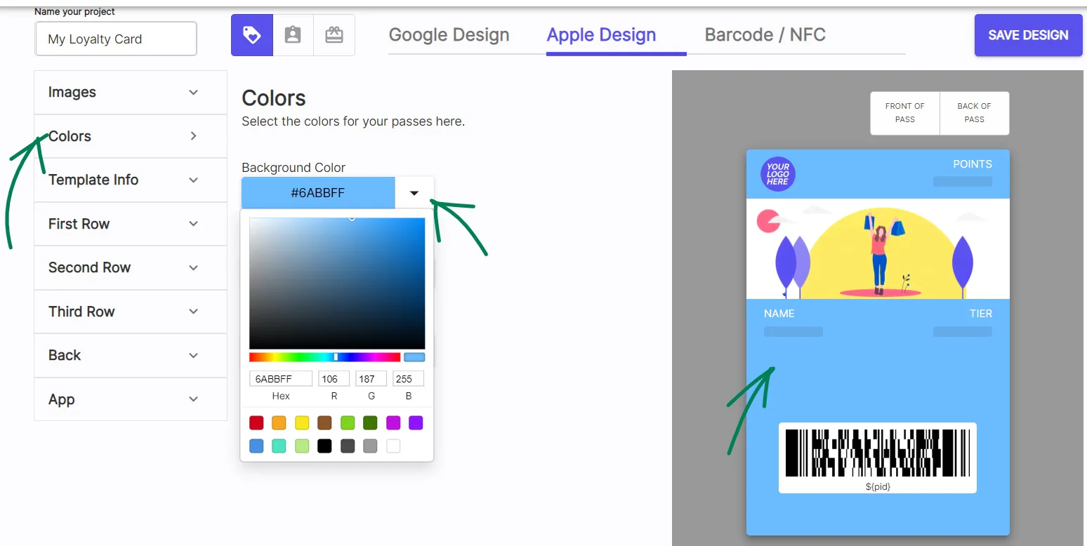 PassKit digital pass color settings
