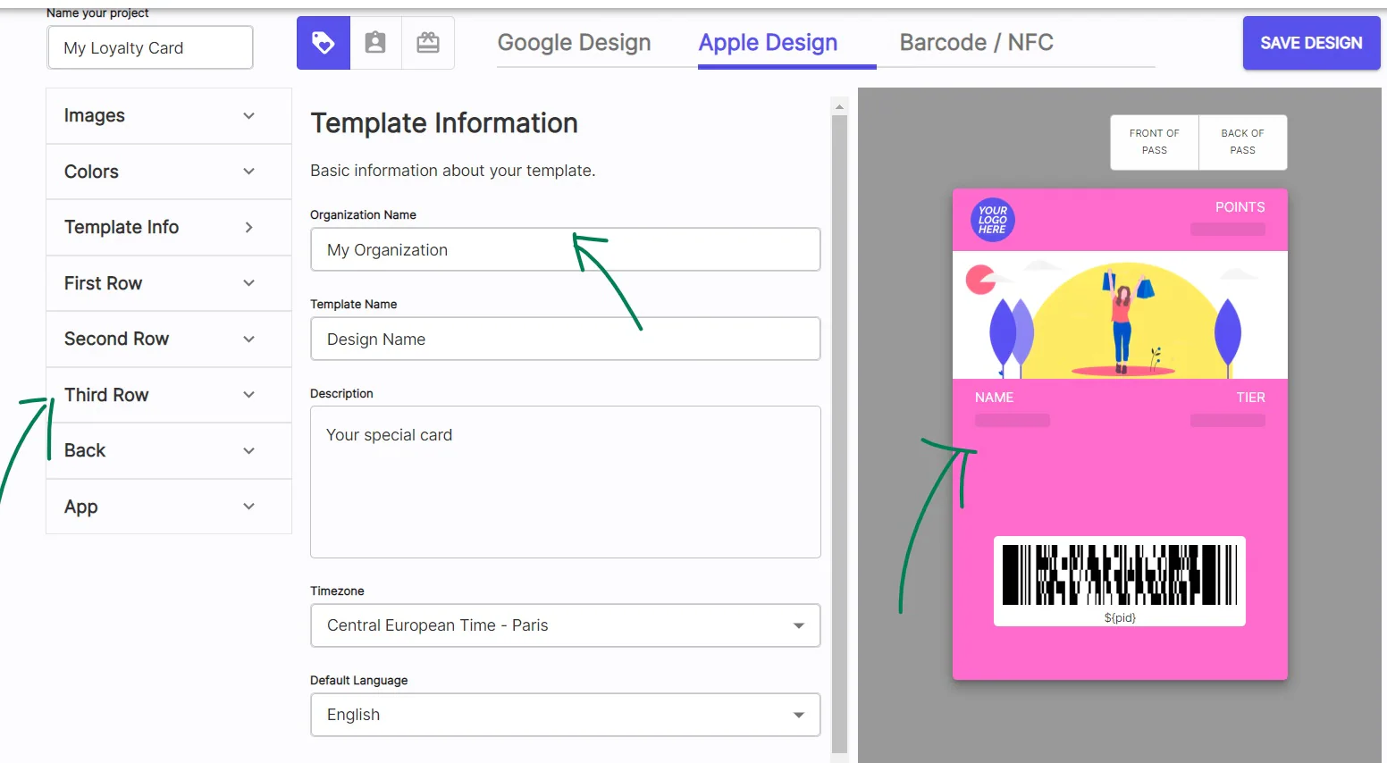 PassKit digital pass template information settings