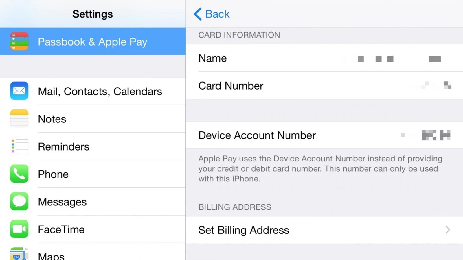 Apple Pay Device Account Number in iPhone settings