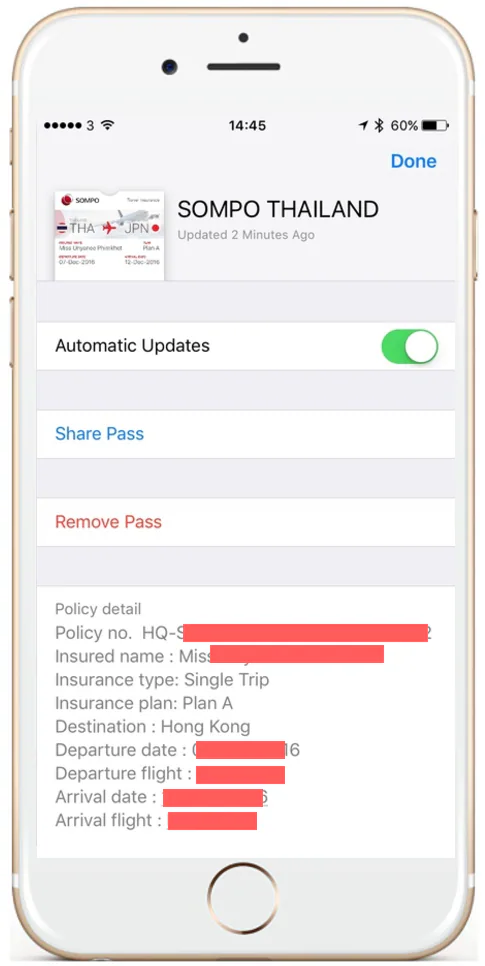Mobile wallet settings and policy details for a Sompo insurance pass