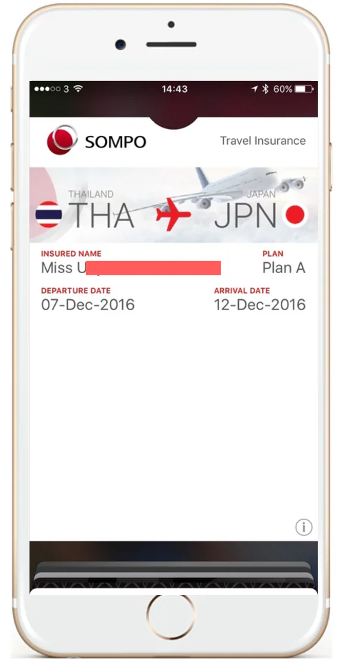 Sompo Thailand travel insurance pass displayed in mobile wallet