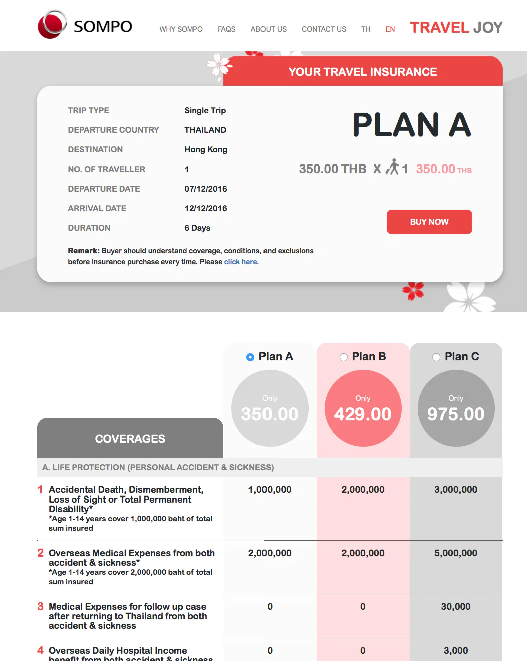 Sompo travel insurance plan and coverage comparison screen