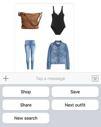 H&M chatbot outfit with shop, save, share and next outfit options
