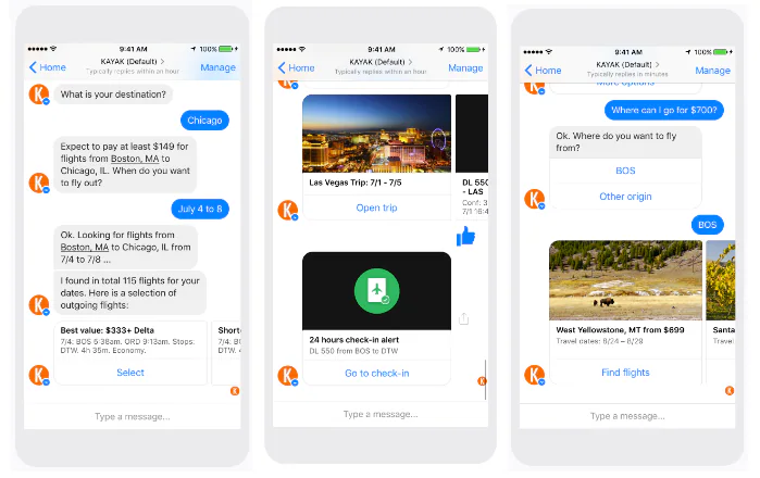 Kayak Messenger chatbot screens for flight search and check-in alerts
