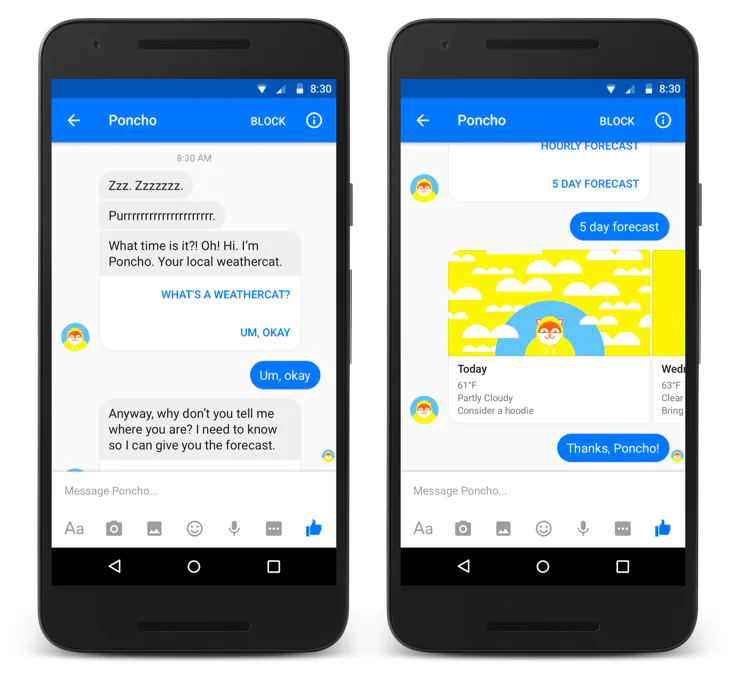 Poncho chatbot conversation and five-day weather forecast on Android phones