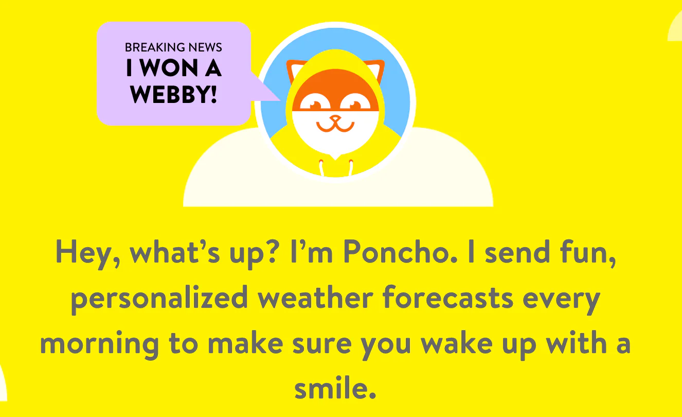 Poncho chatbot graphic introducing personalised weather forecasts