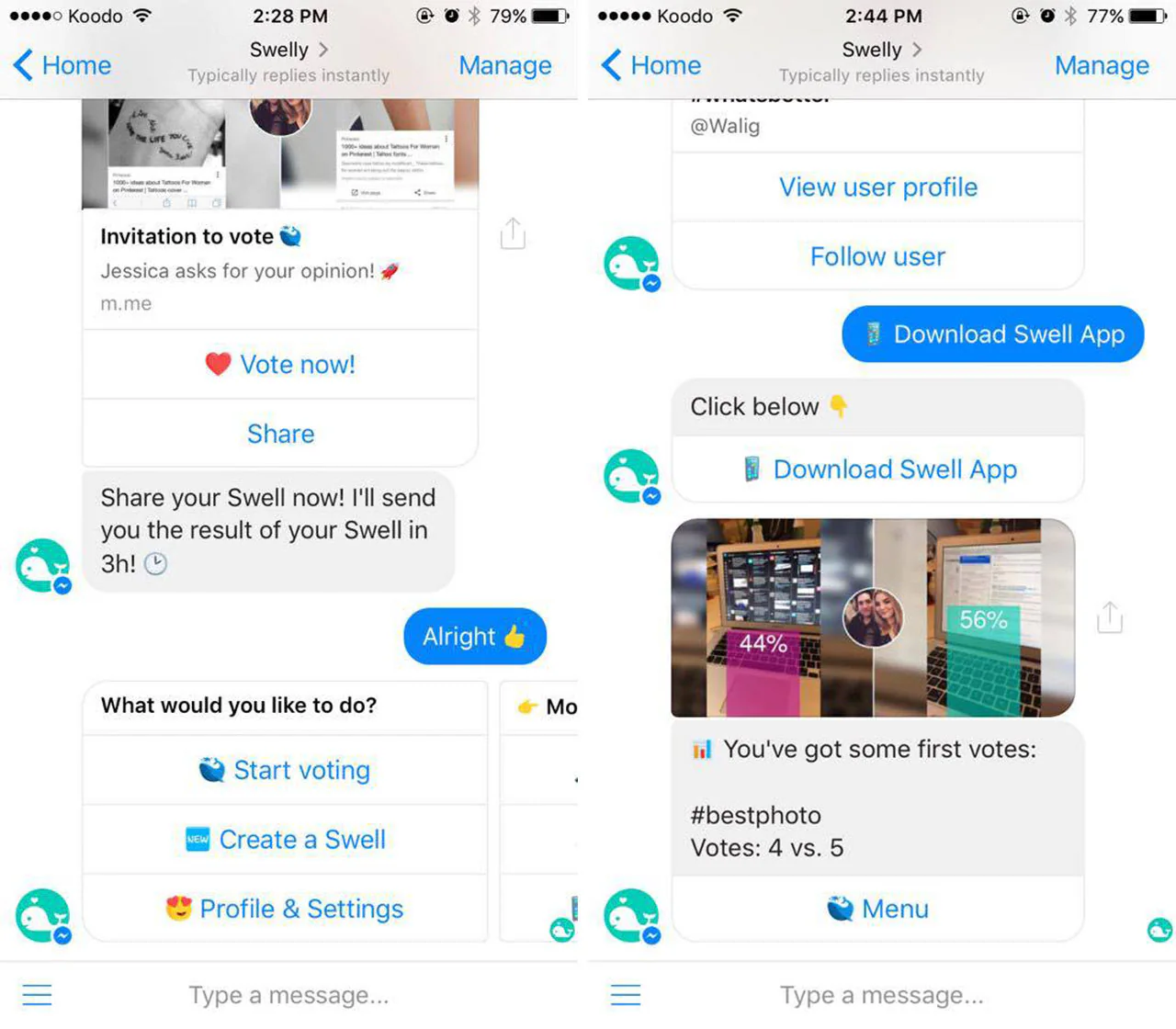 Swelly chatbot screens for creating and voting in a poll