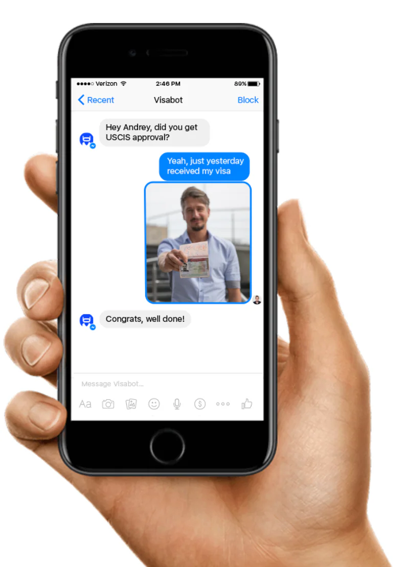 Visabot chat showing a user photo and a successful response