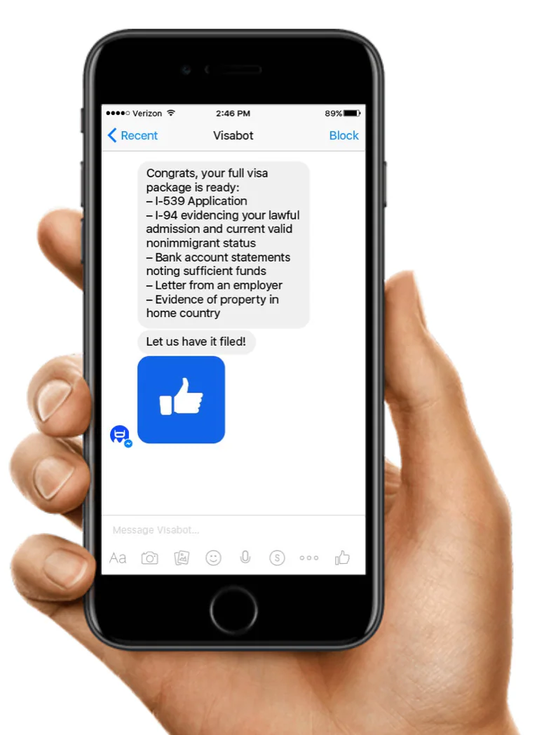 Visabot immigration chatbot confirming a visa category on a phone