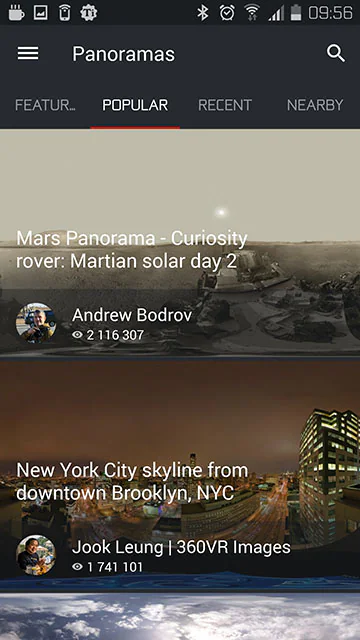 360 Cities app showing a list of panoramic destinations