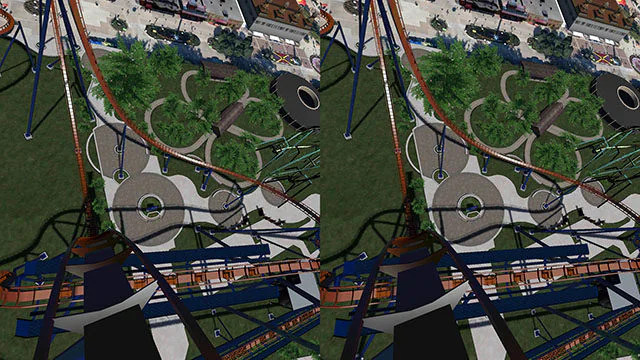 Stereoscopic overhead virtual-reality view of a roller coaster