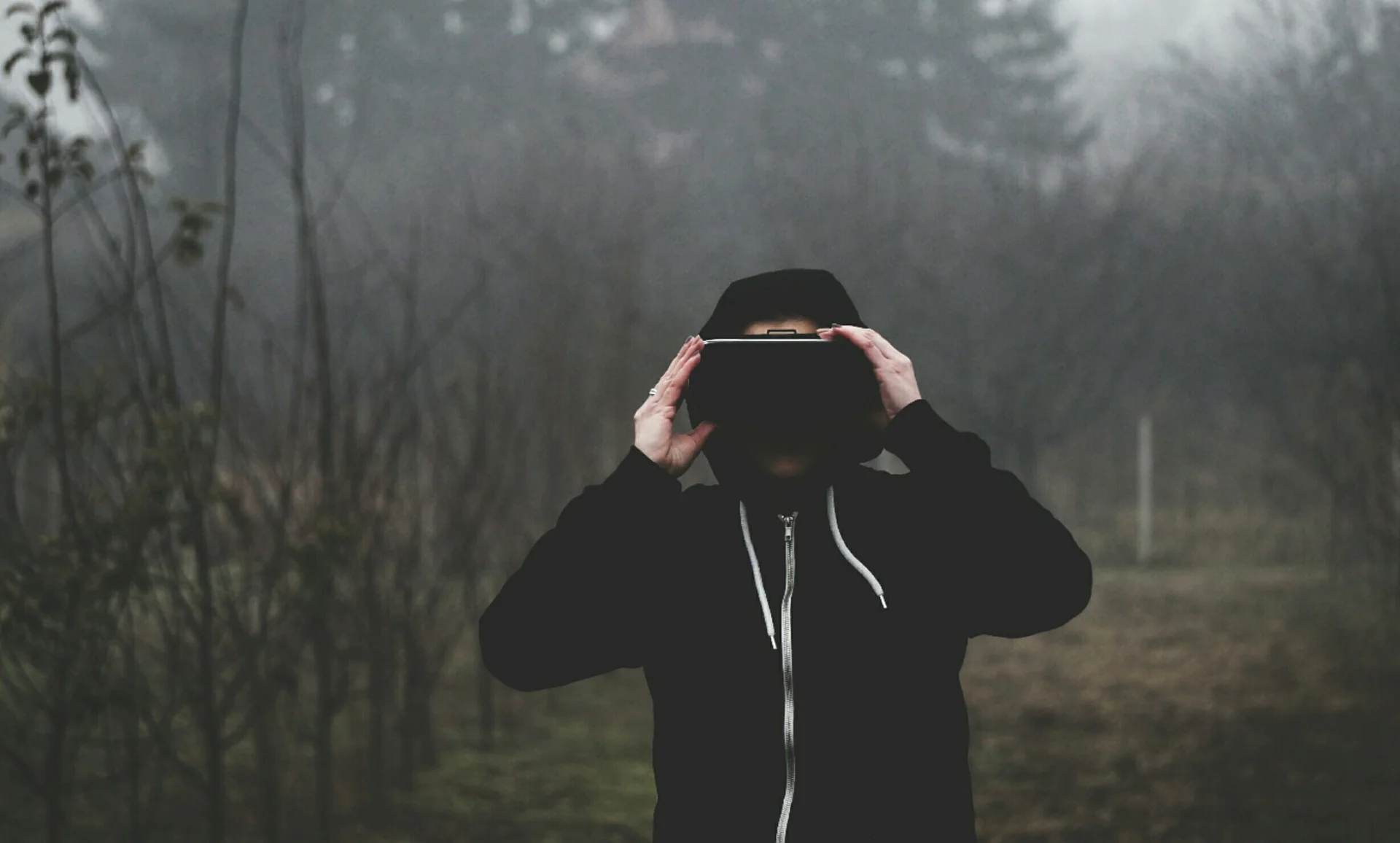 Person using a virtual-reality headset in a misty woodland