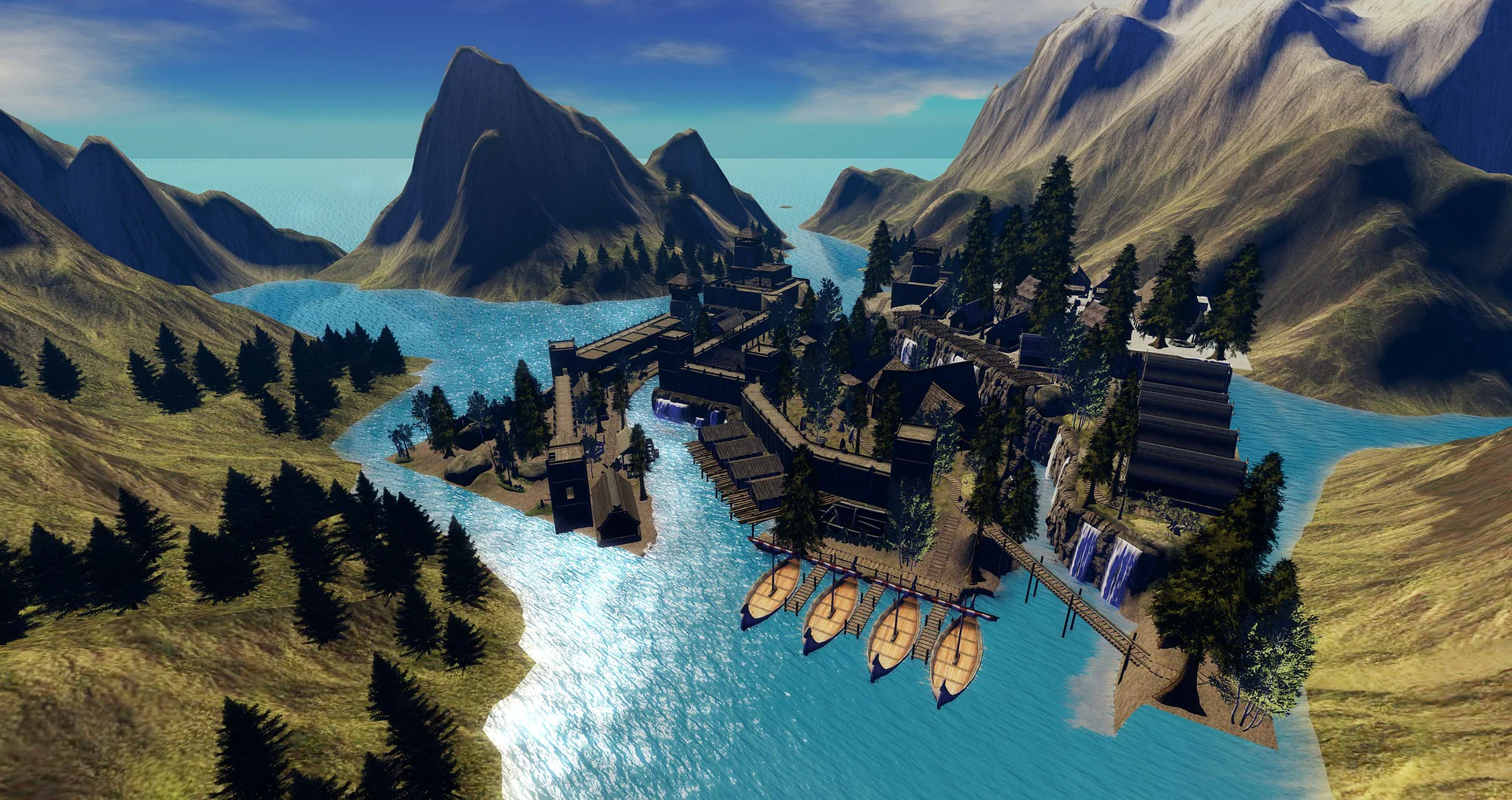 Virtual-reality landscape with mountains, water and a medieval village