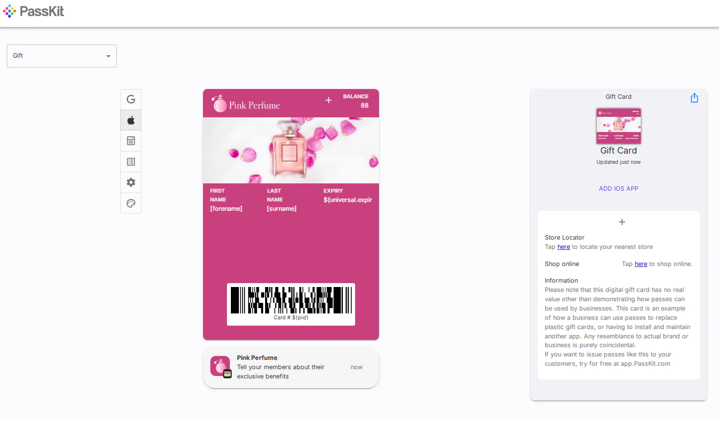 Digital gift card on a mobile phone