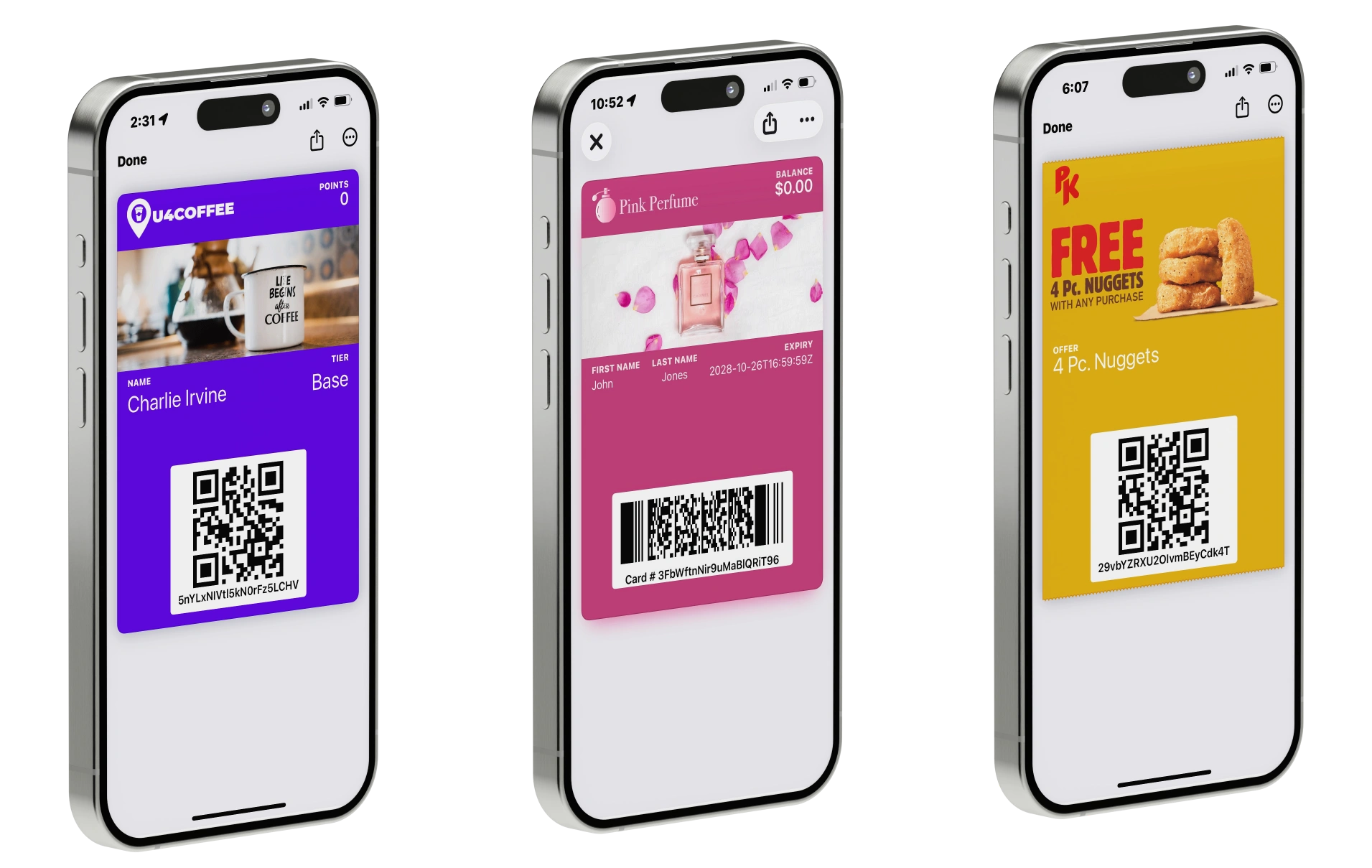 Three mobile wallet passes for loyalty, membership and offer programmes