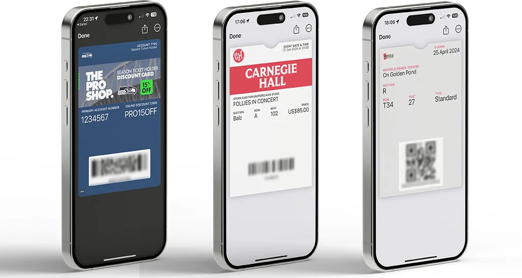 Three digital event tickets displayed on smartphones