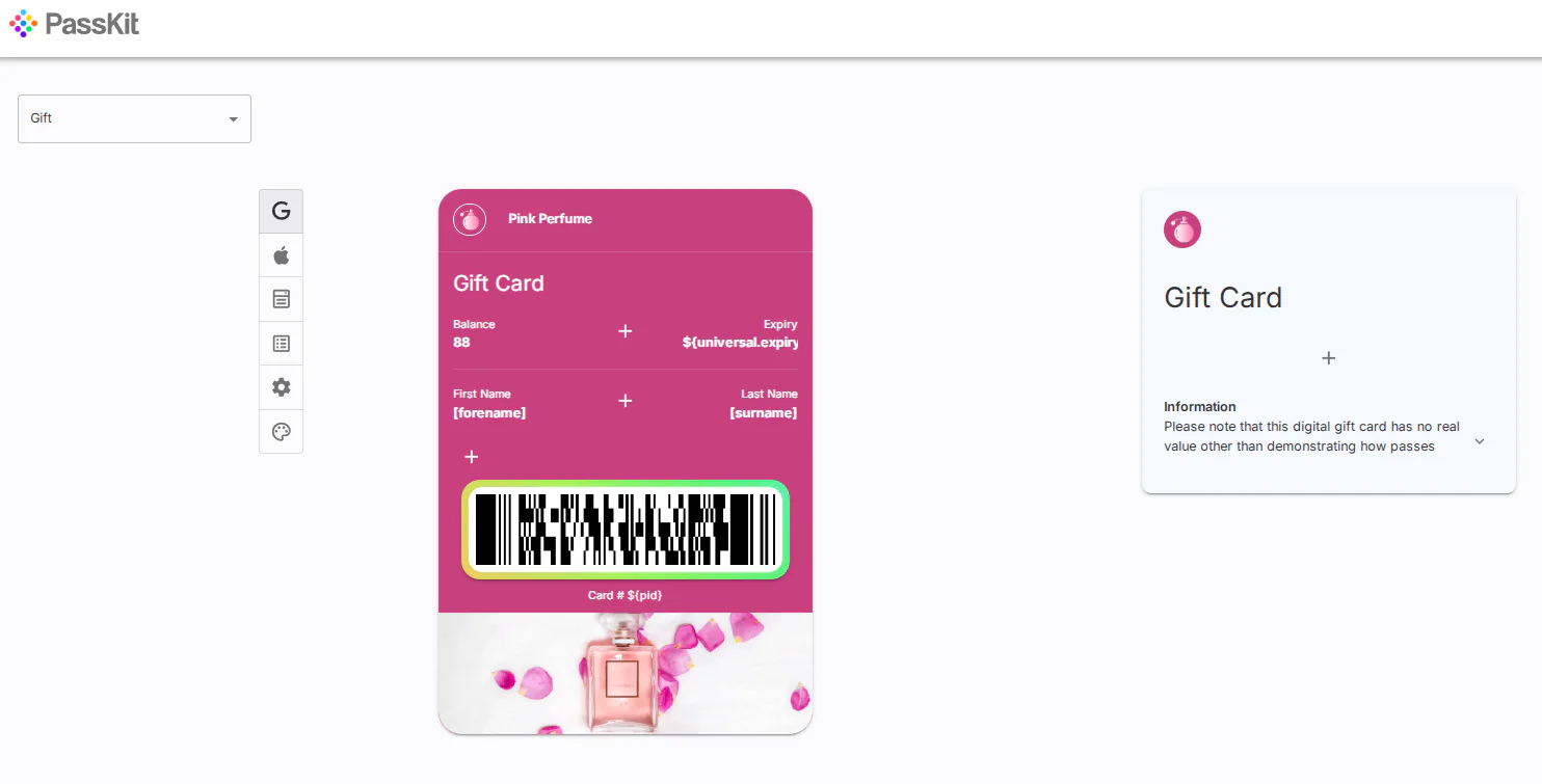 Pass Designer interface for digital gift cards