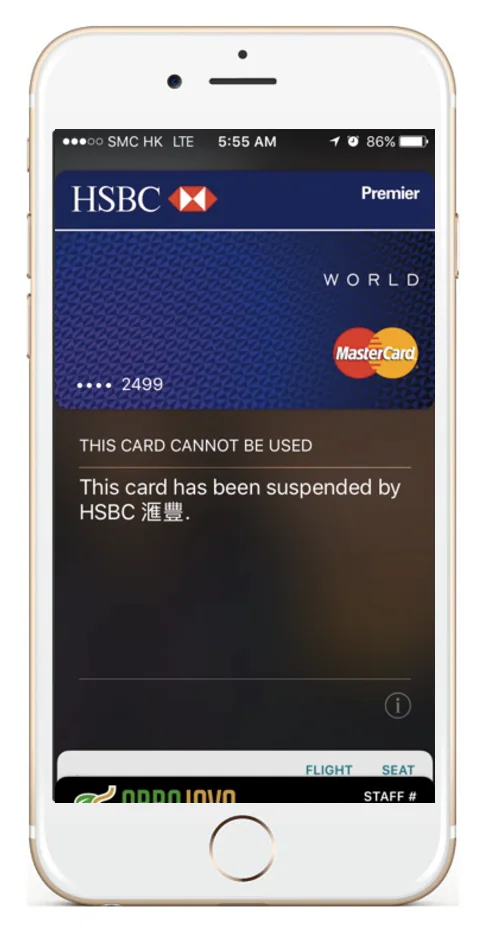Suspended payment card in Apple Wallet 1