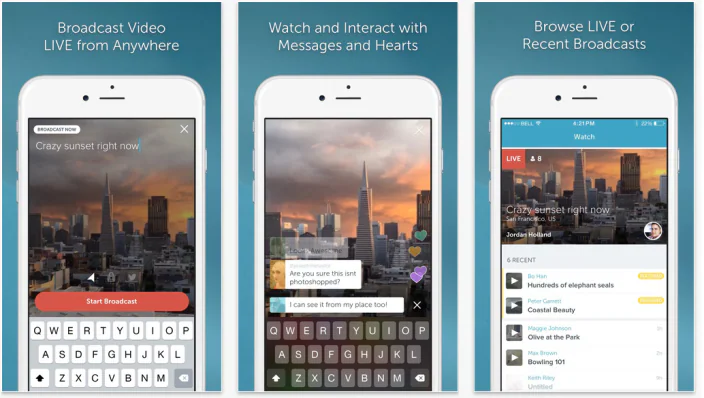 Three Periscope screens illustrating broadcasting, interaction and browsing